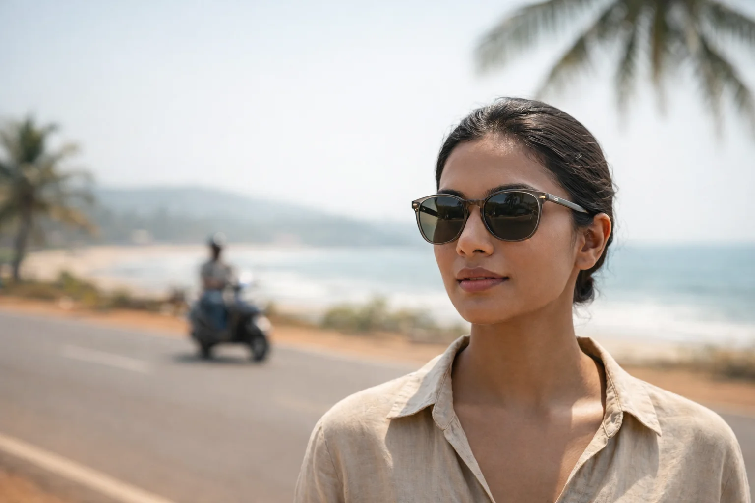 Woman wearing UV-protective sunglasses on a Goan coastal road with palm trees and beach in the background
